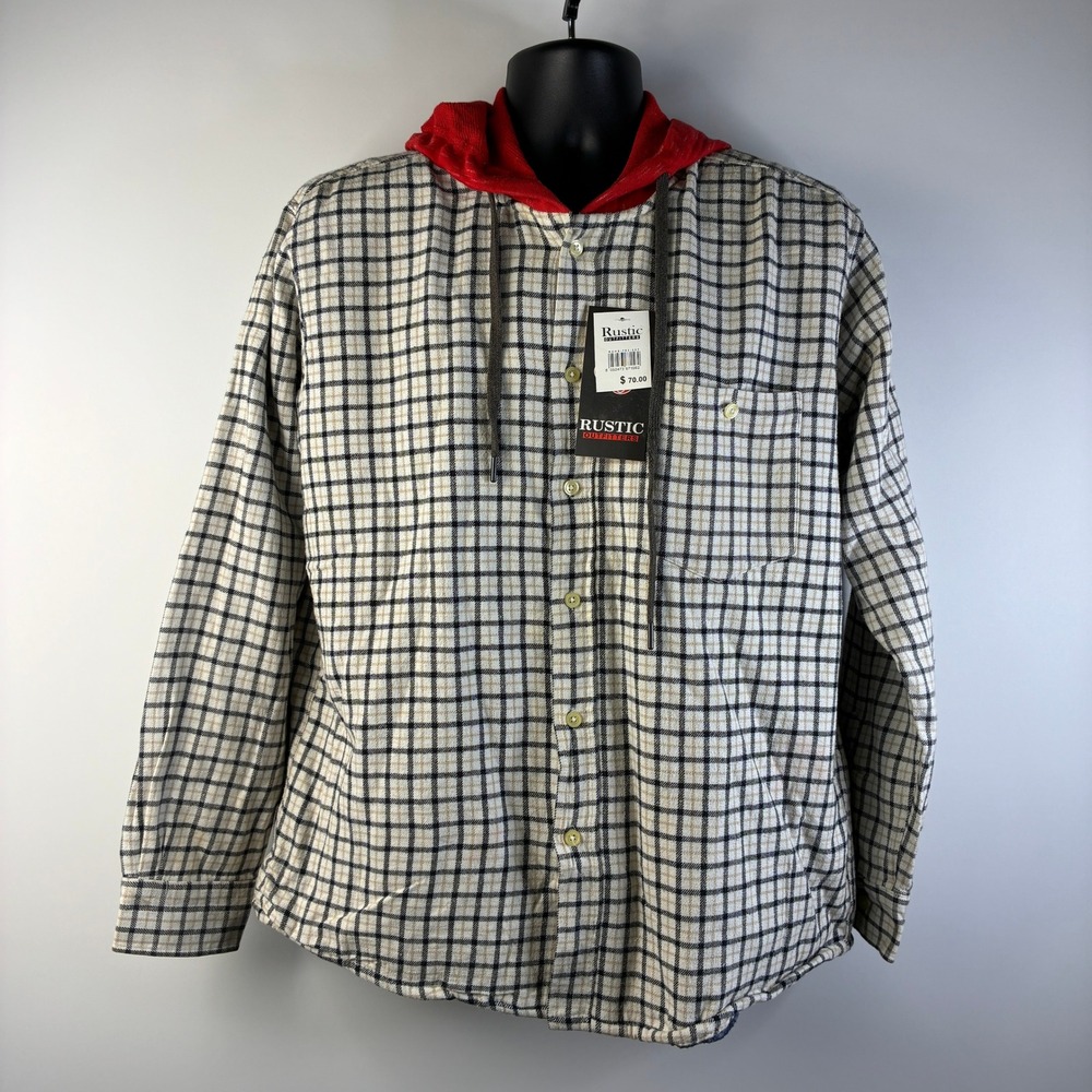 NWT Rustic Outfitters Men's Lg Hooded Flannel Shirt Jacket Lined Plaid Cream